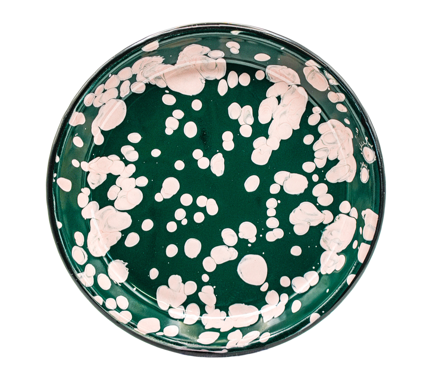 Artisanal pewter plate with green and pink splatters