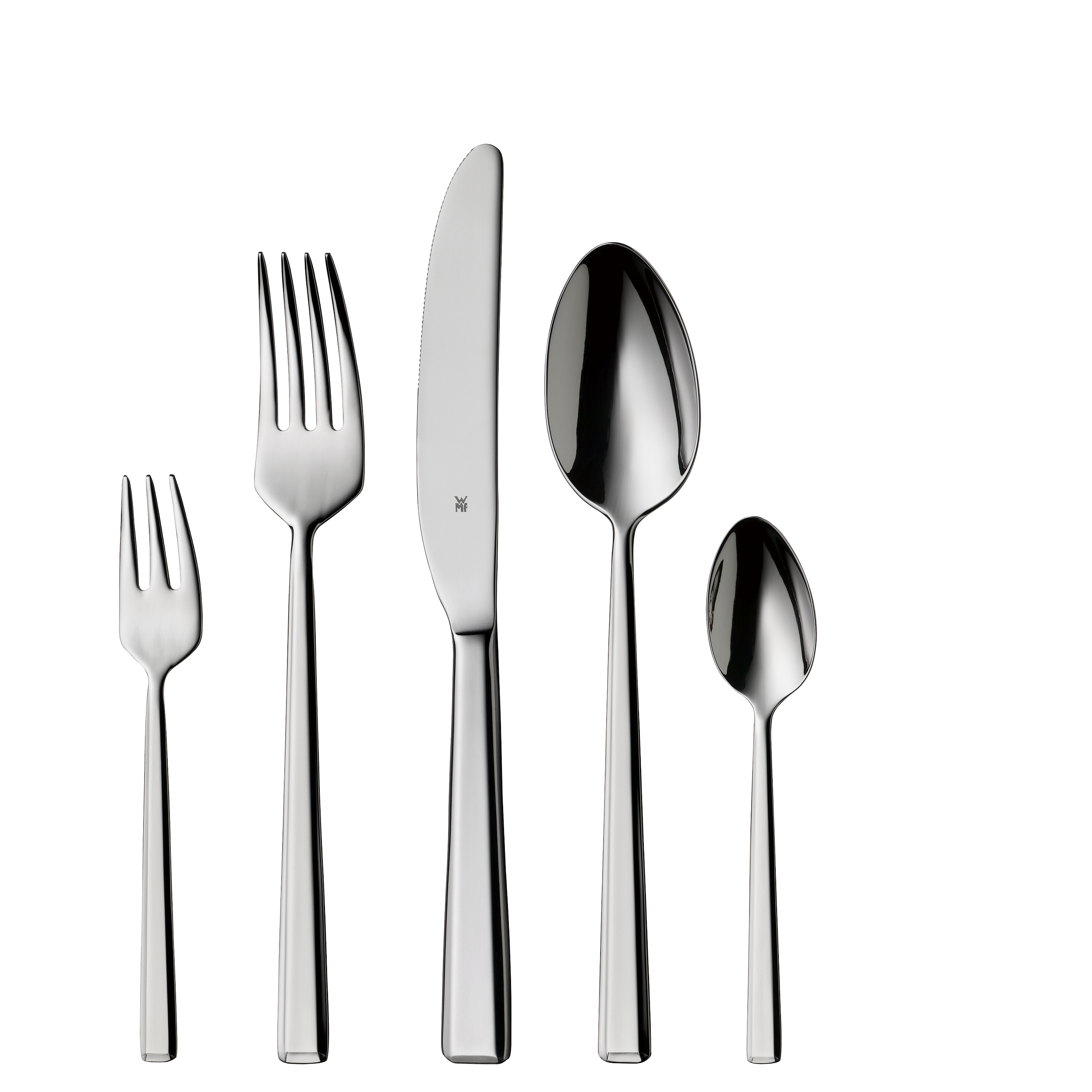 Set of five stainless steel cutlery pieces including two small forks, two spoons, and one large knife on a black and white background.