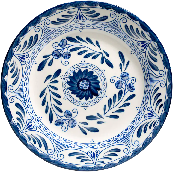 A round ceramic plate with blue floral and leaf patterns on a white background.