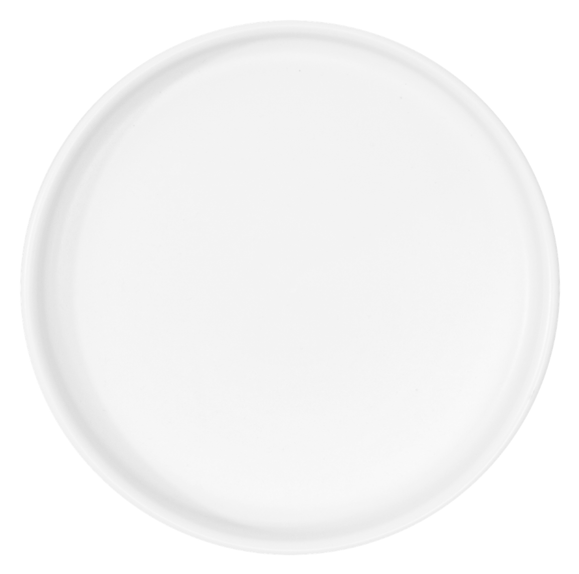 A plain white round plate with a slightly raised rim.