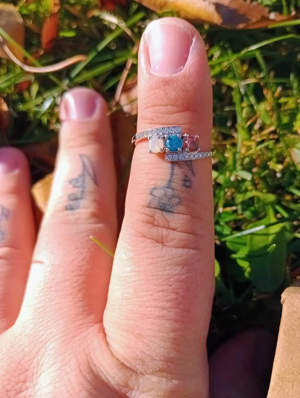 A hand with three rings on the middle finger, featuring a blue gemstone, a white gemstone, and a pink gemstone. The hand has tattoos on the fingers and is outdoors with green grass and fallen leaves in the background.