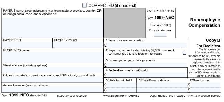 Close-up of a form 1099-NEC showing paid nonemployee compensation, with fields for payer and recipient info, and federal income tax withheld.