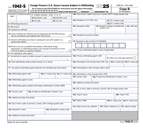 US tax form 1042-S showing sections for foreign person's income subject to withholding, including names, EINs, addresses, country codes, and income details.
