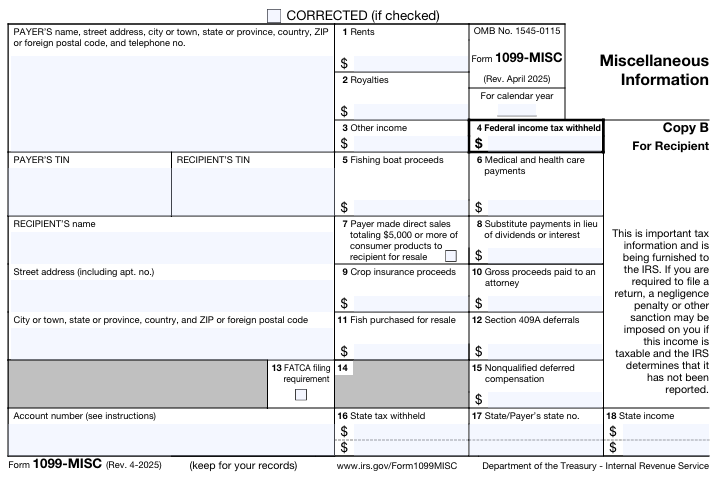 A filled-out IRS Form 1099-MISC with various sections including miscellaneous income, royalties, and nonemployee compensation, along with instructions and legal disclaimers.