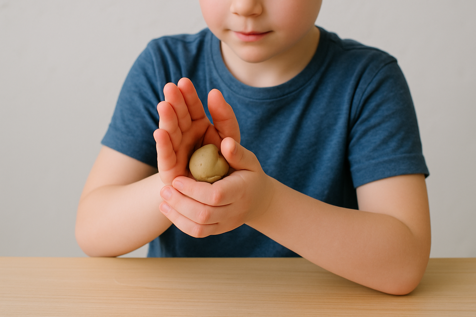 A student is rolling a ball of clay between his palms