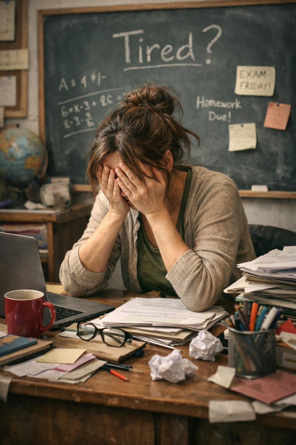 Tired teacher sitting at her desk with her head in her hands and eyes closed