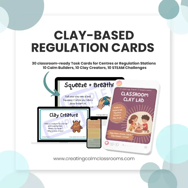 Clay-Based Regulation Cards displayed on a desk, showing classroom task cards designed to support sensory regulation, STEM learning, and emotional regulation through clay play.