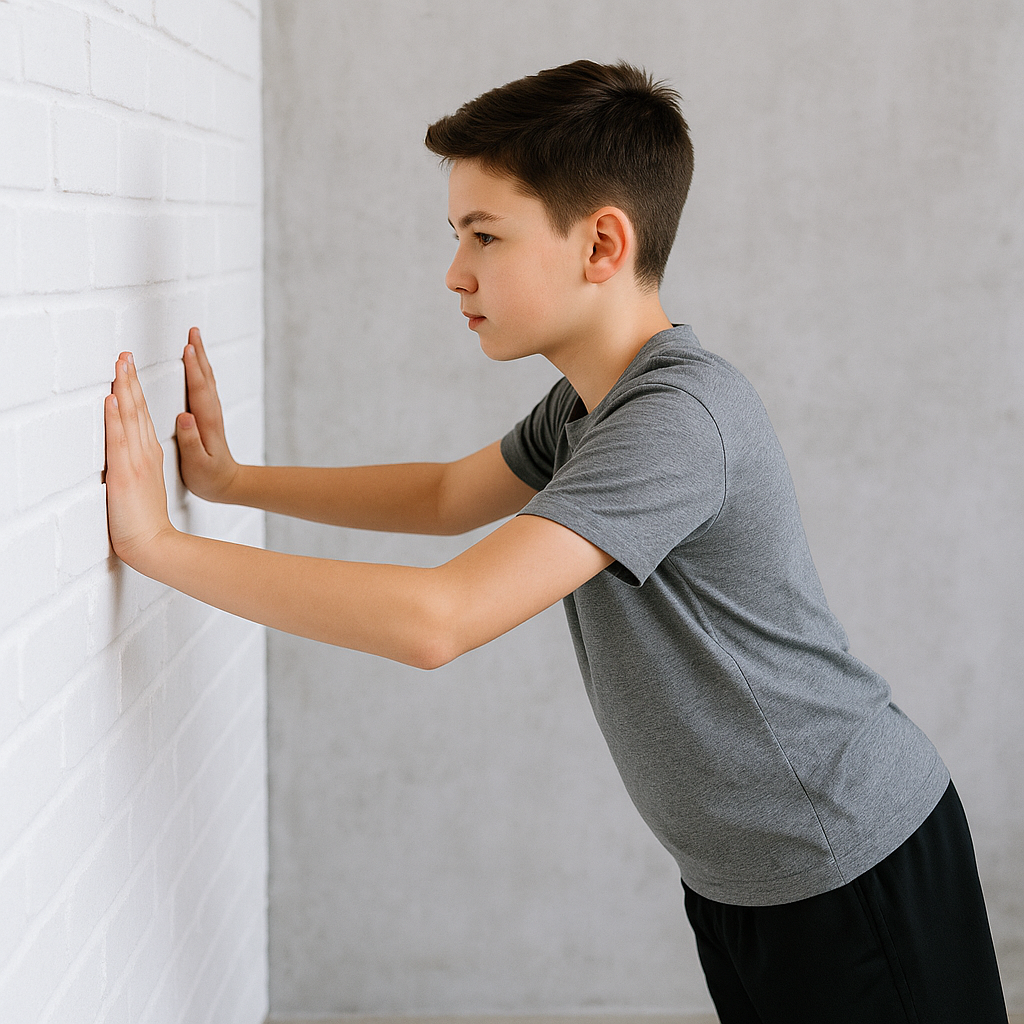A boy engaging in a wall push to regulate his frustration.
