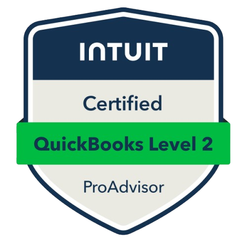 Badge with 'Intuit Certified QuickBooks Level 2 ProAdvisor' label.