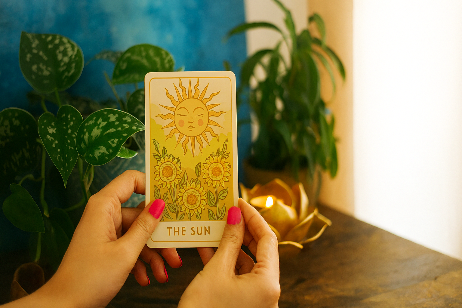 Person holding a tarot card titled "The Sun" with sun and sunflower illustrations, in a room with green plants and a lit candle.