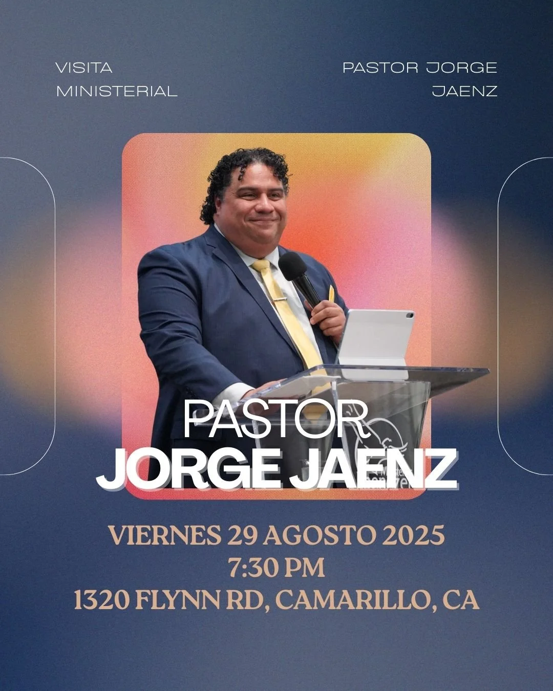 Bendiciones hermanos y hermanas!
Los invitamos a nuestro Servicio General
💒Visita Ministerial: Pastor Jorge Jaenz
🗓️ Viernes 29 de Agosto
⏰ 7:30 PM
📍 1320 Flynn Rd, Camarillo, CA
No faltes!
