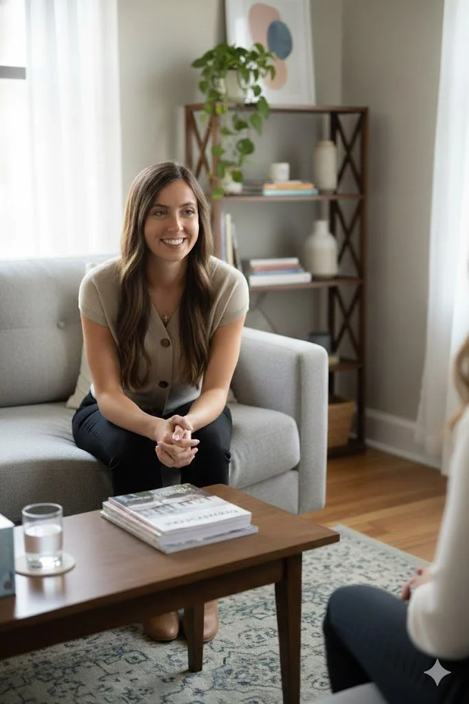 A woman sitting on a light-colored sofa, smiling, during a conversation in a cozy, well-lit living room with a wooden bookshelf and decorative items in the background.