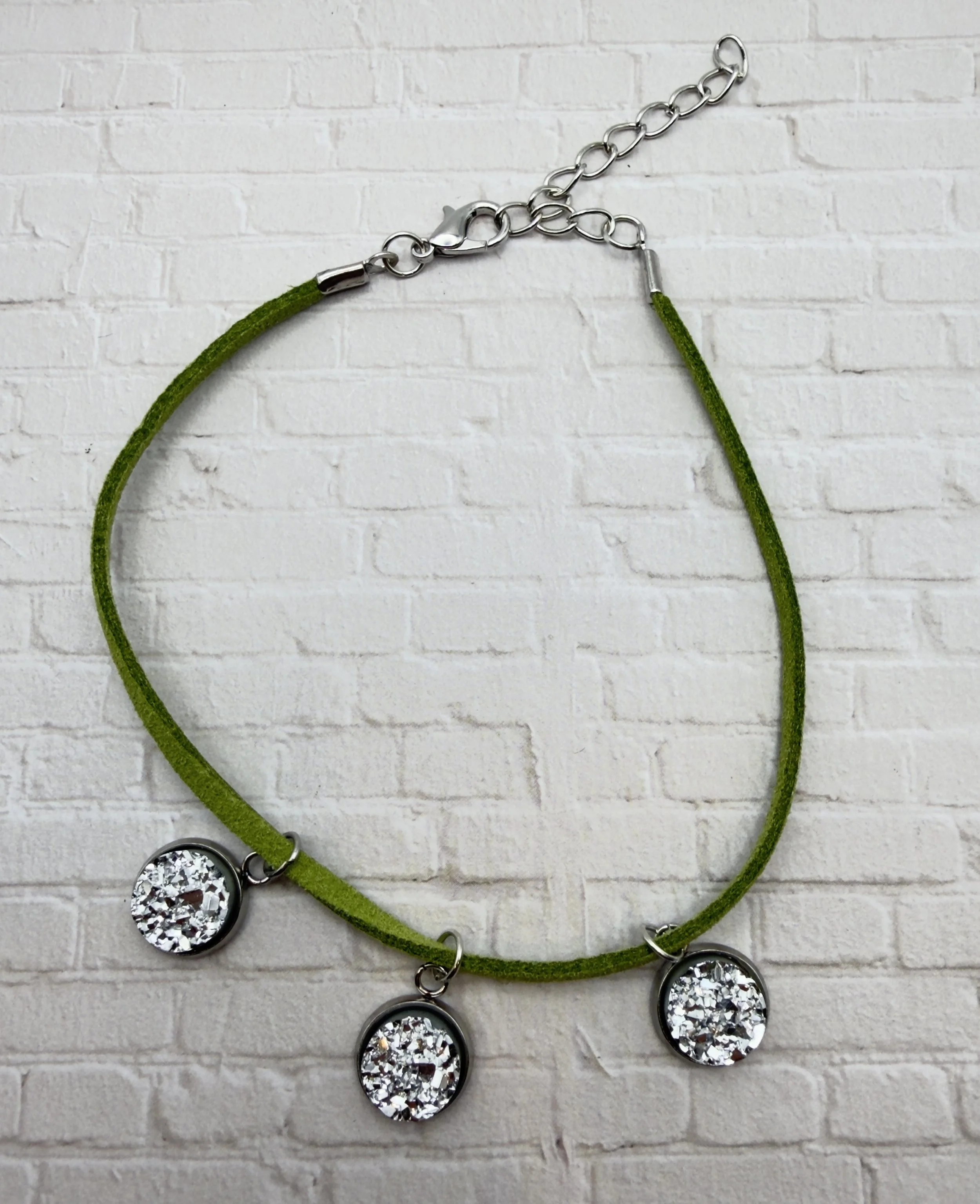 Green Suede Silver Druzy Anklet
