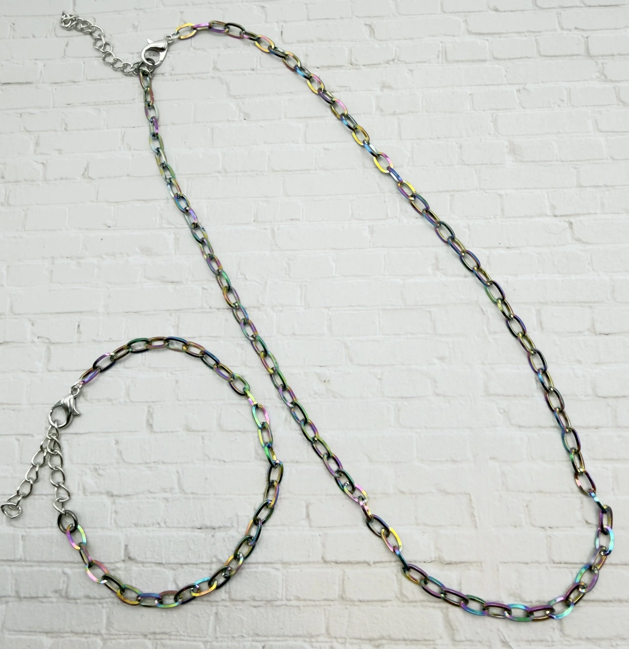 Iridescent Oil Spill Chain Necklace and Bracelet Set