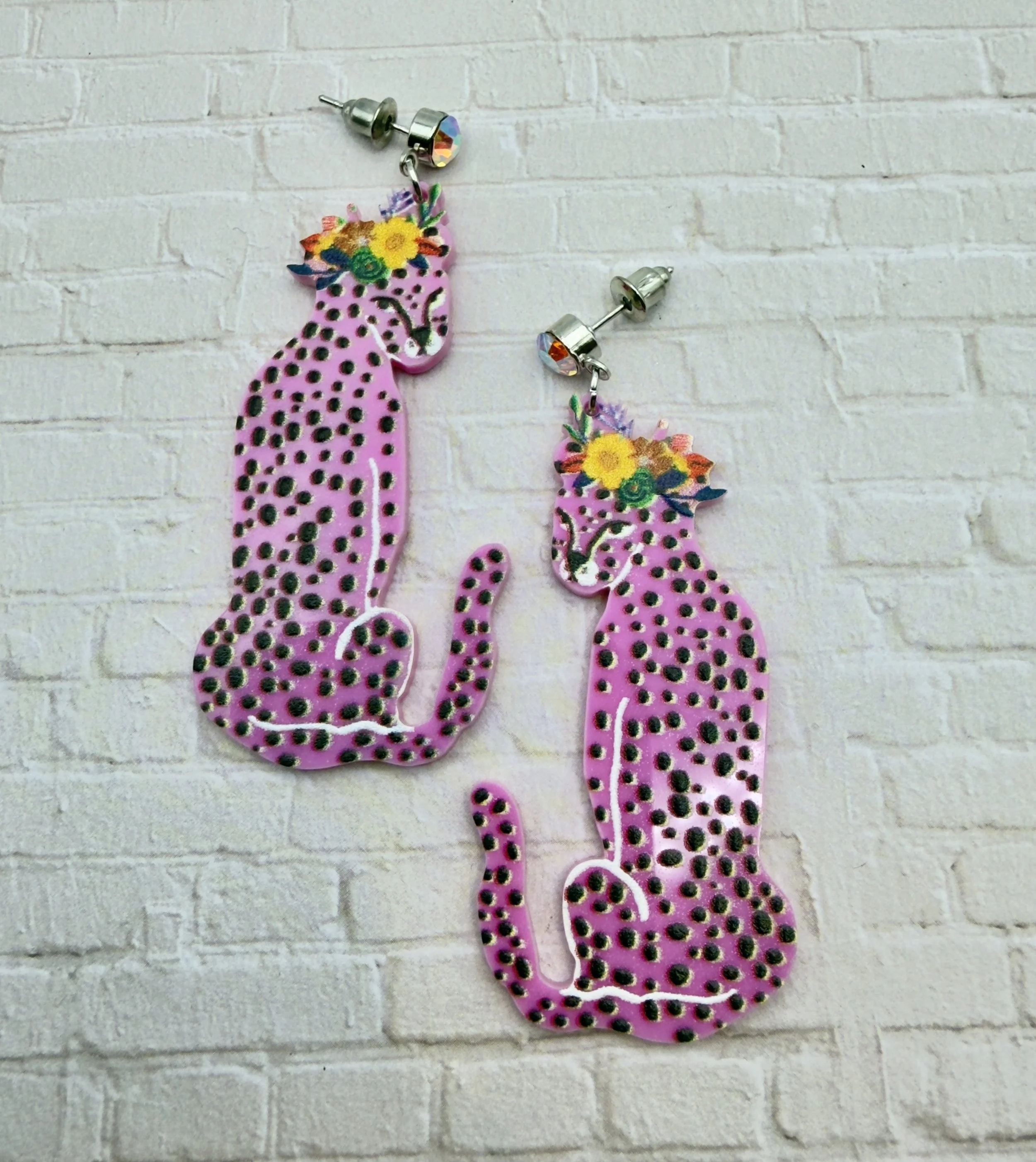 Pink Leopard Earrings with Floral Accents