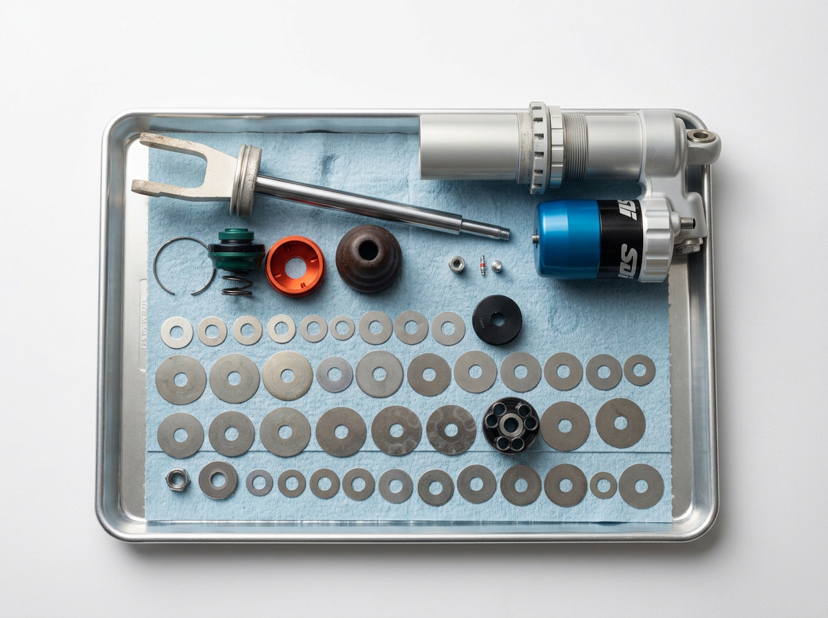 A metal tray with blue padding, containing disassembled parts of a shock absorber, including springs, washers, discs, and other small components.