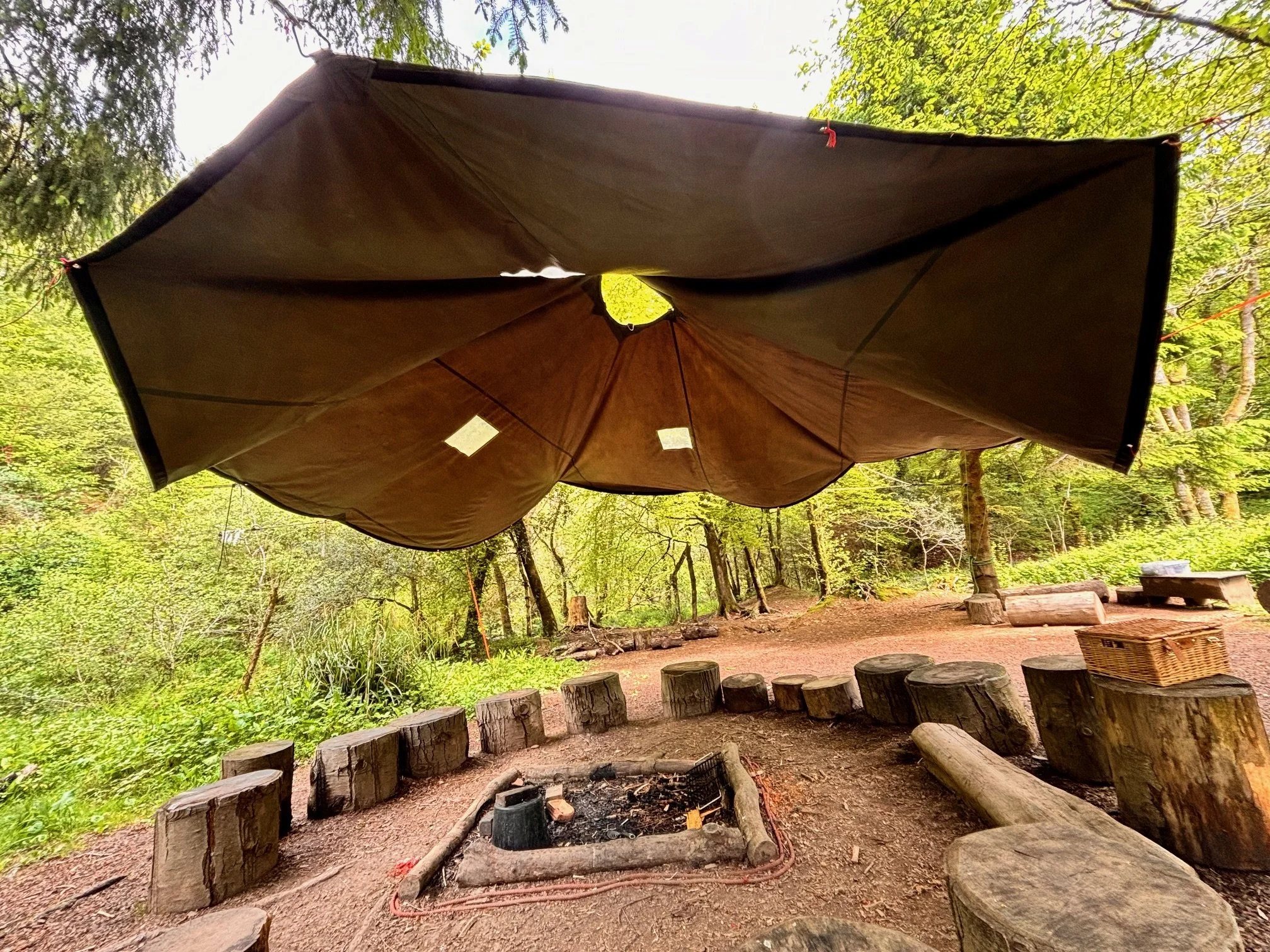 Campfire circle with wooden stump seats and a tarp overhead in a forest setting.