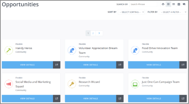 Online platform displaying various community opportunities, including Handy Heros, Volunteer Appreciation Dream, Food Drive Innovation Team, Social Media and Marketing Squad, Research Wizard, and Just One Can Campaign Team, with options to view details.