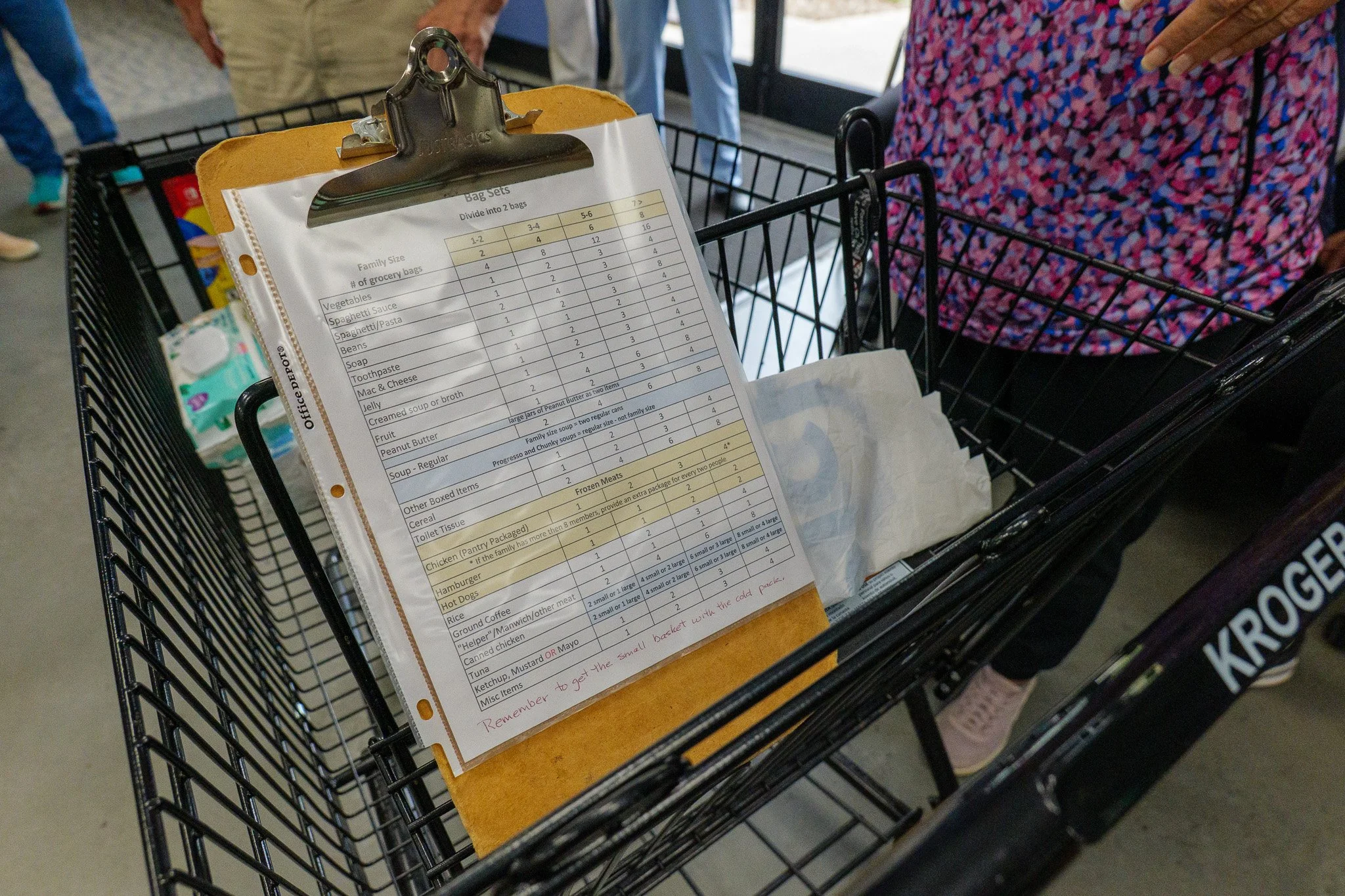Shopping cart with a grocery list clipped to a clipboard inside, people shopping in the background.