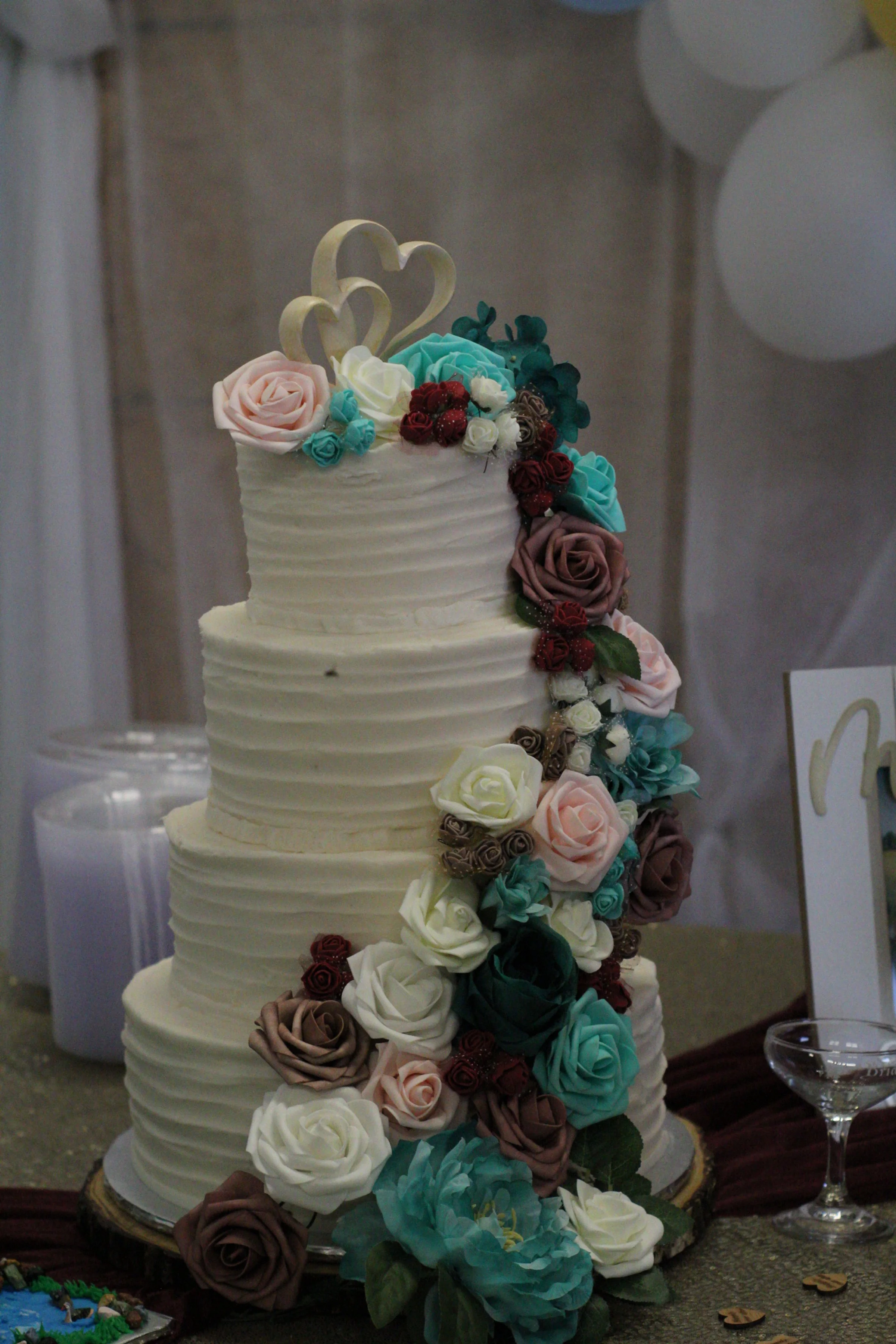 Wedding Cake white teal blue burgundy pink coffee roses flowers heart cake topper wine glass