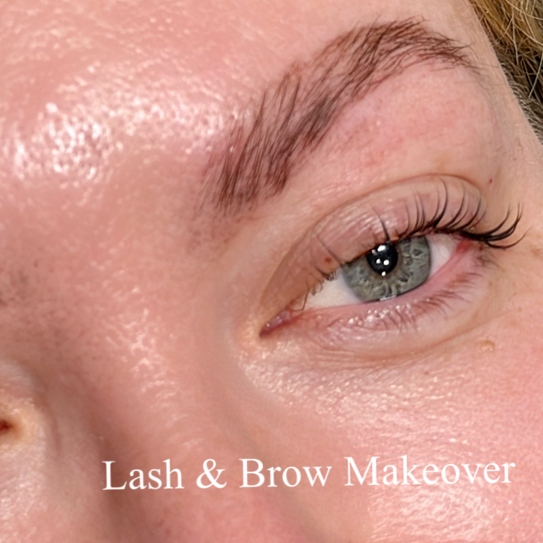Close-up of a woman's eye, eyebrow, and surrounding skin with the text 'Lash & Brow Makeover'.