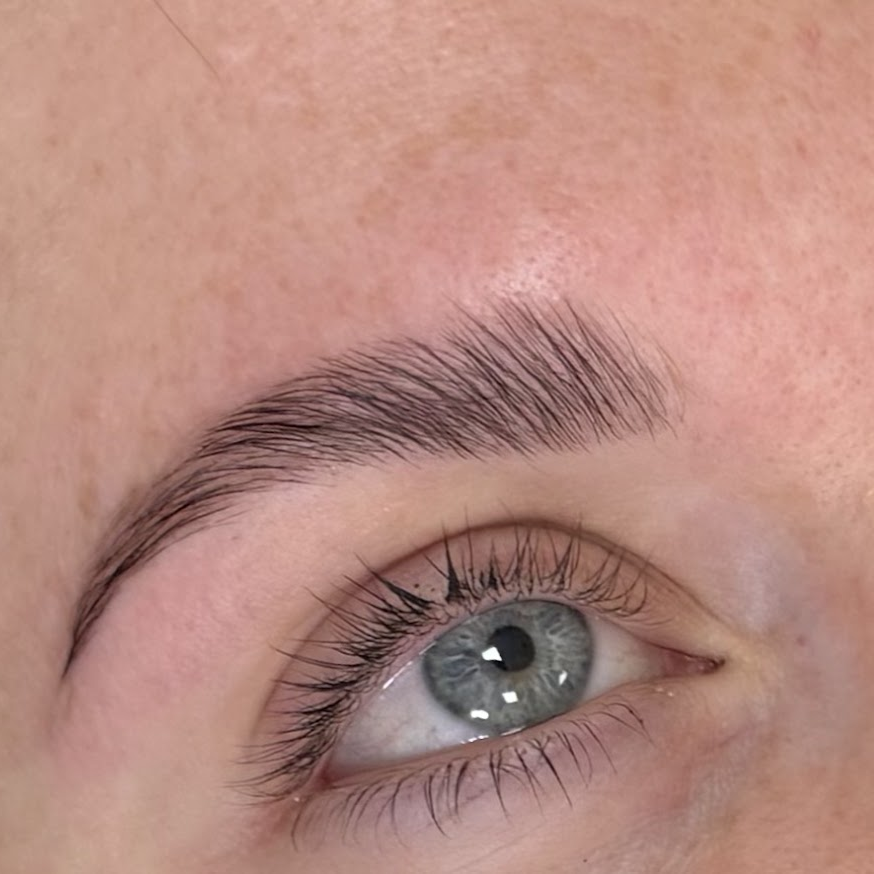 Close-up of a human eye with light-colored iris and well-groomed eyebrow.