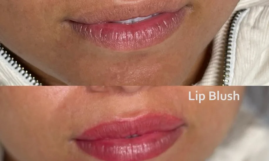 Close-up of a person's lips showing before and after applying lip blush, with the caption "Lip Blush".