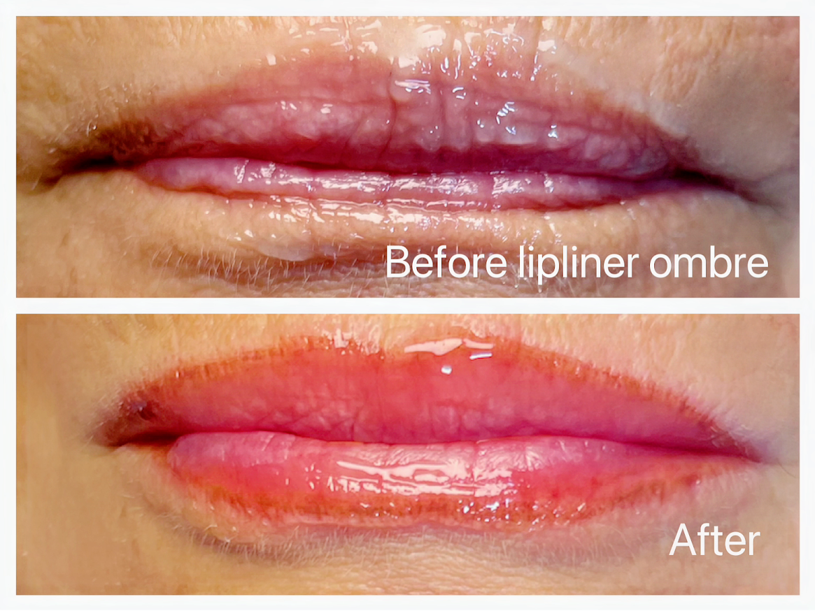 Close-up of lips before and after lip liner ombre treatment, showing smoother and more defined lips in the after image.
