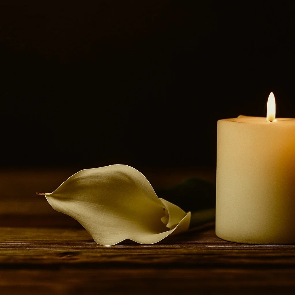 Bougie délicatement allumée symbolisant le recueillement, l'écoute et la personnalisation des hommages.