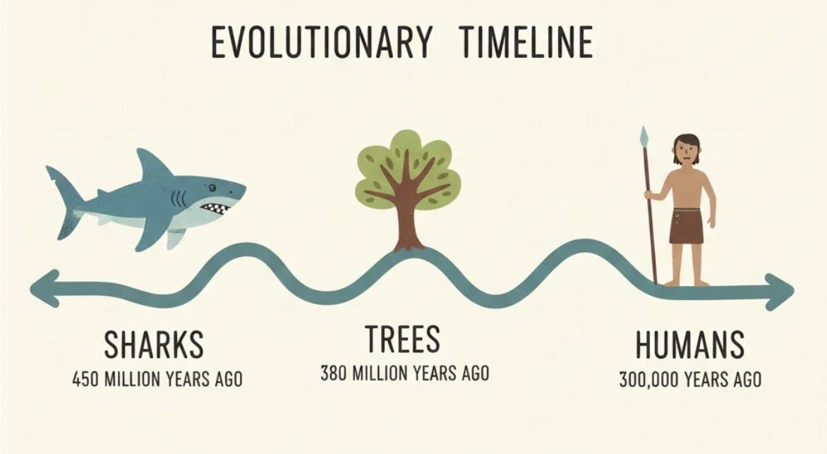 Evolutionary timeline showing sharks 450 million years ago, trees 380 million years ago, and humans 300,000 years ago.