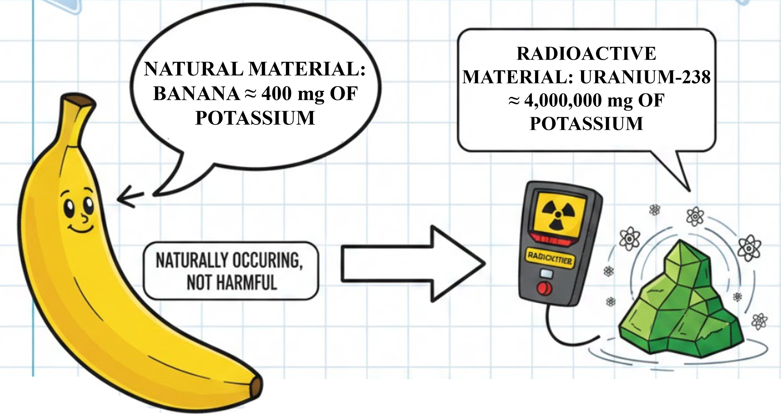 Animated illustration comparing natural banana containing approximately 400 mg of potassium to uranium-238, a radioactive material with about 4,000,000 mg of potassium.