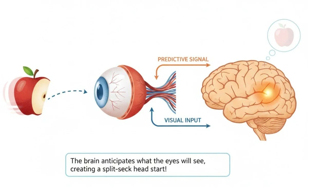 Diagram showing how visual input from an apple is processed by the eye and brain, highlighting visual input, predictive signal, and brain's anticipation of what the eyes see.
