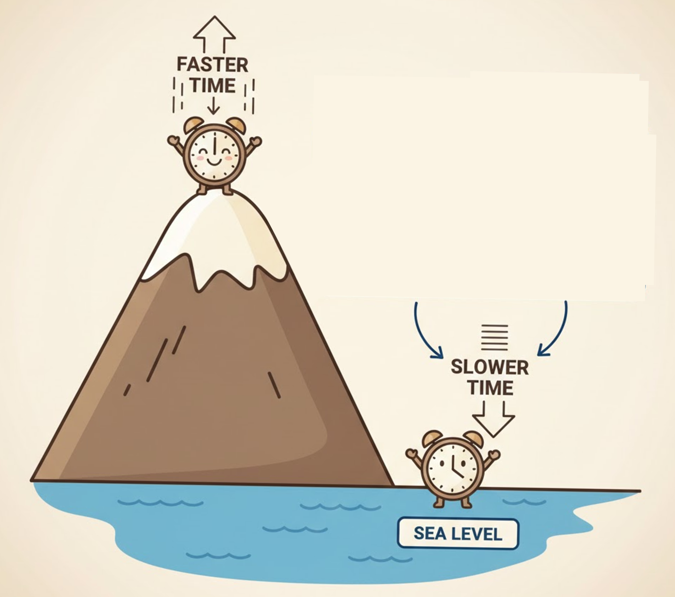 A diagram demonstrating how time moves faster at the top of a mountain than it does at sea level.
