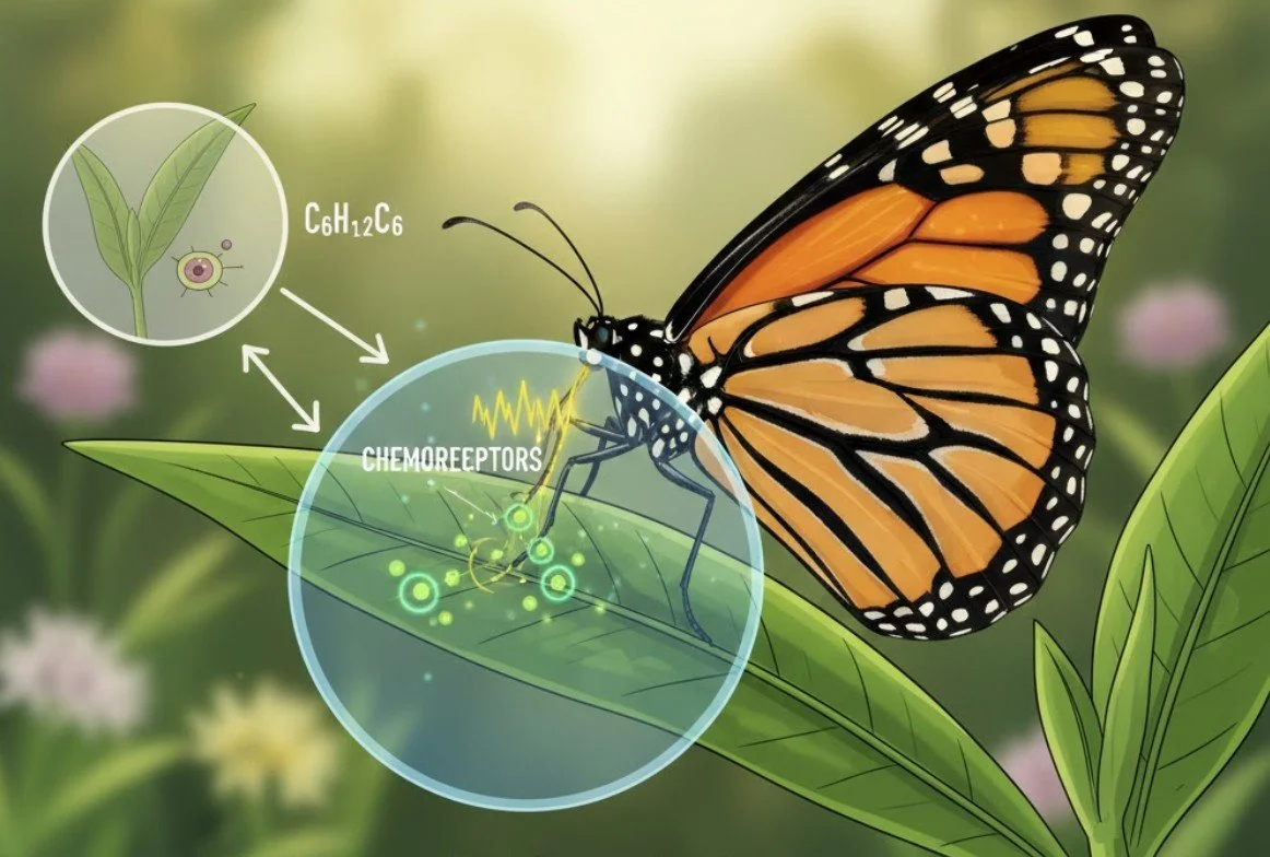 Diagram of a monarch butterfly on a leaf, illustrating chemical structure, chemoreceptors, and insect behavior.