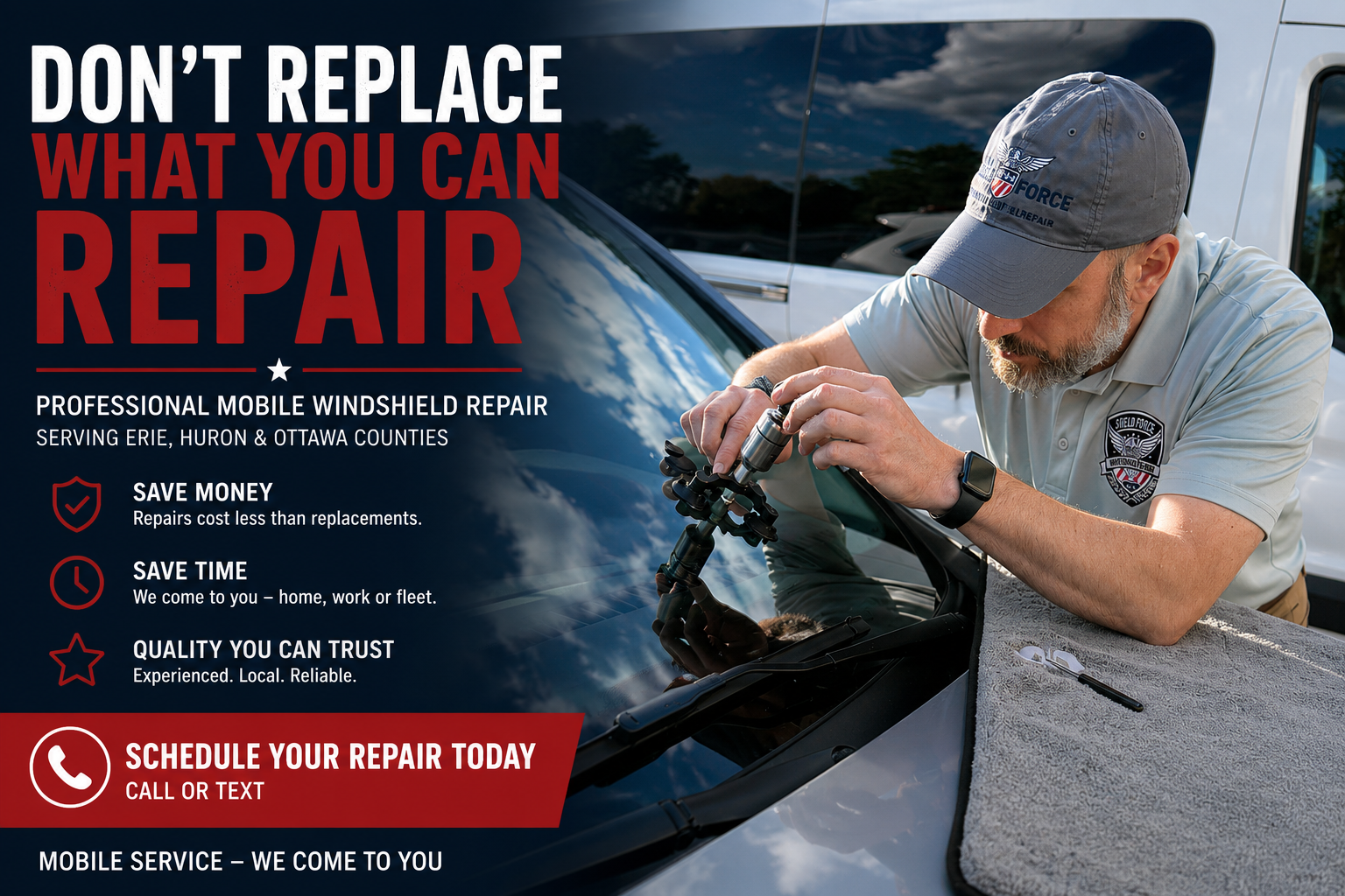 Shield Force Windshield Repair technician repairing a car windshield outdoors on a sunny day, with a pickup truck in the background. The image is part of an advertisement for professional mobile windshield repair services.