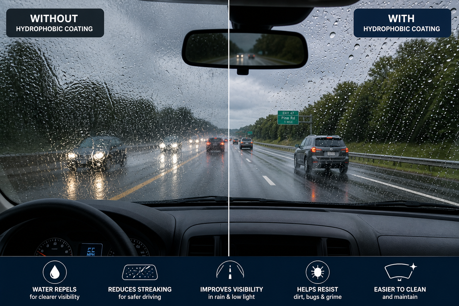 Comparison of a rainy car windshield with and without hydrophobic coating, showing clearer visibility with the coating.