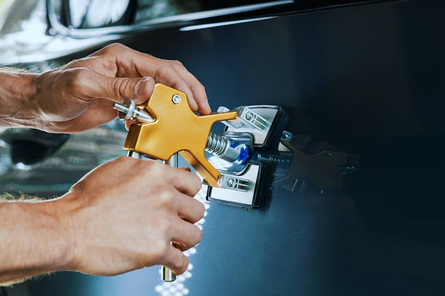 Hands installing a vehicle lock on a car door.