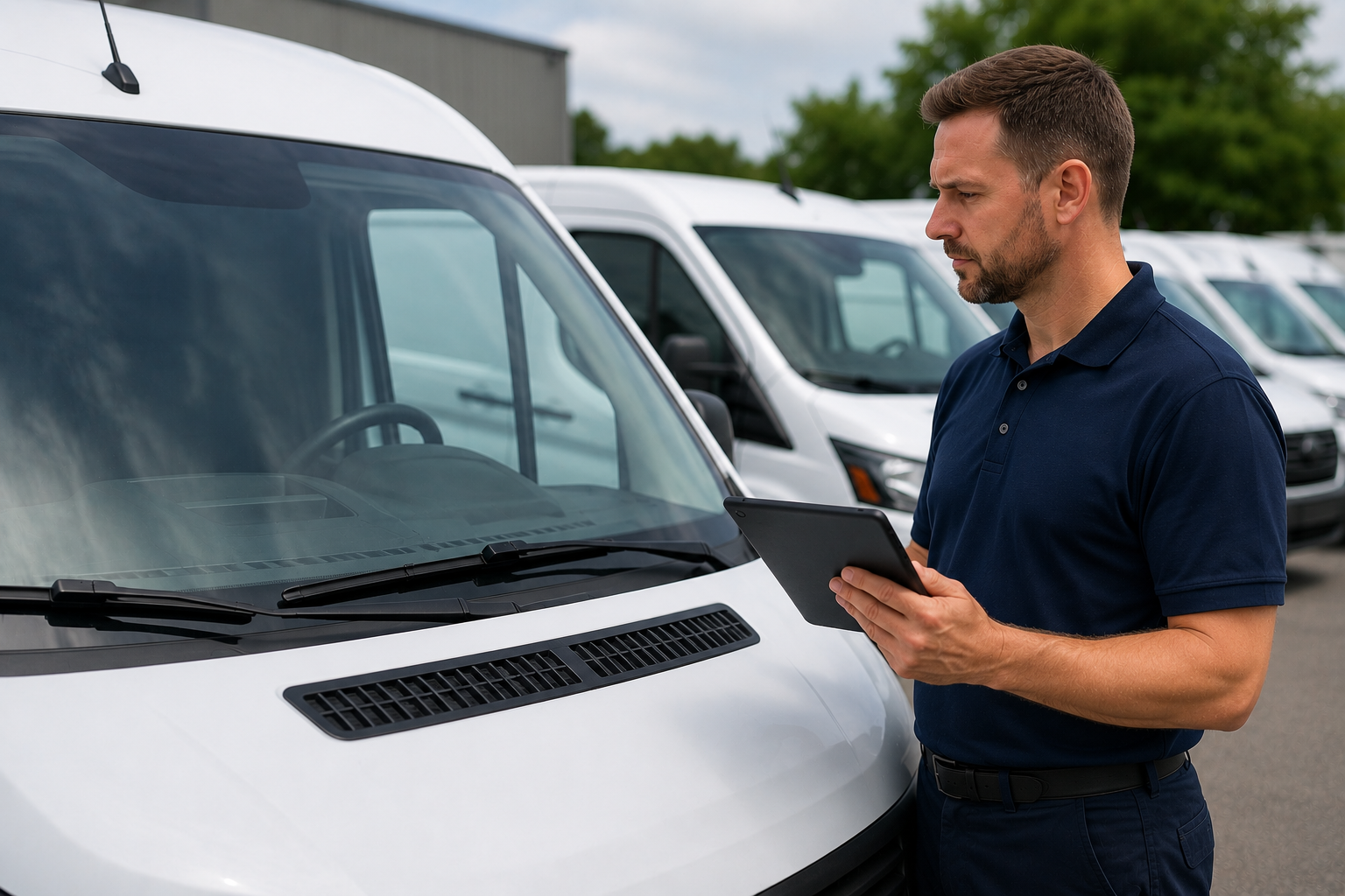 A man in a navy blue polo shirt holding a tablet while inspecting white vans parked in a lot, with trees in the background.