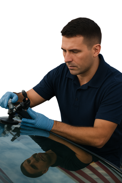 A man wearing a navy polo shirt and blue gloves inspecting repairing a car windshield with a handheld device.