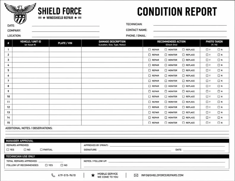 A blank vehicle condition report form from Shield Force windshield repair company, with sections for vehicle details, damage description, recommended actions, photos, observations, and approvals same dat report.