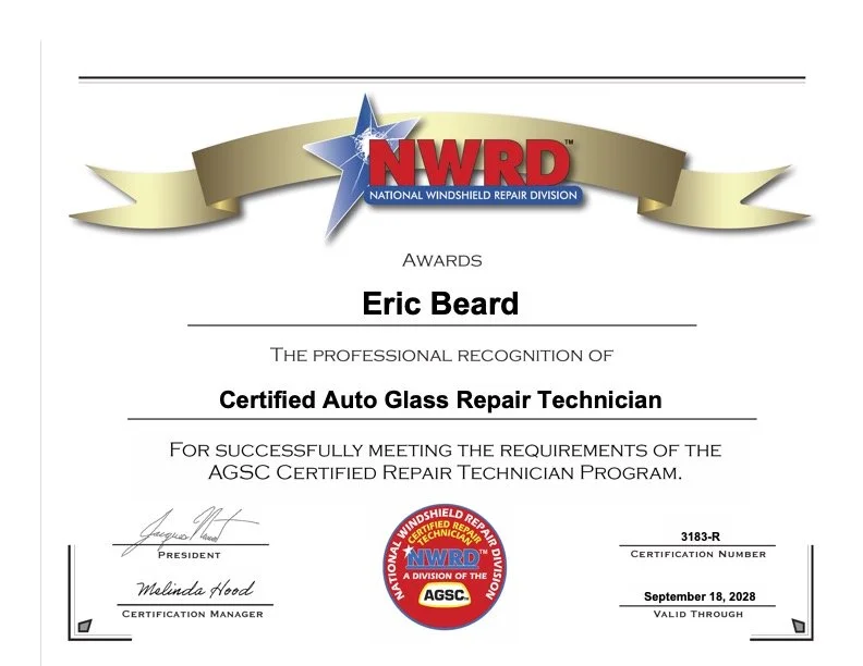 Certificate awarding Eric Beard the title of Certified Auto Glass Repair Technician from NWWD, Mobile fleet vehicle.