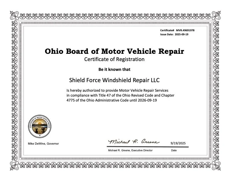 Ohio Board of Motor Vehicle Repair certificate of registration issued to Shield Force Windshield Repair LLC, authorized to provide motor vehicle repair services, Eric Beard.
