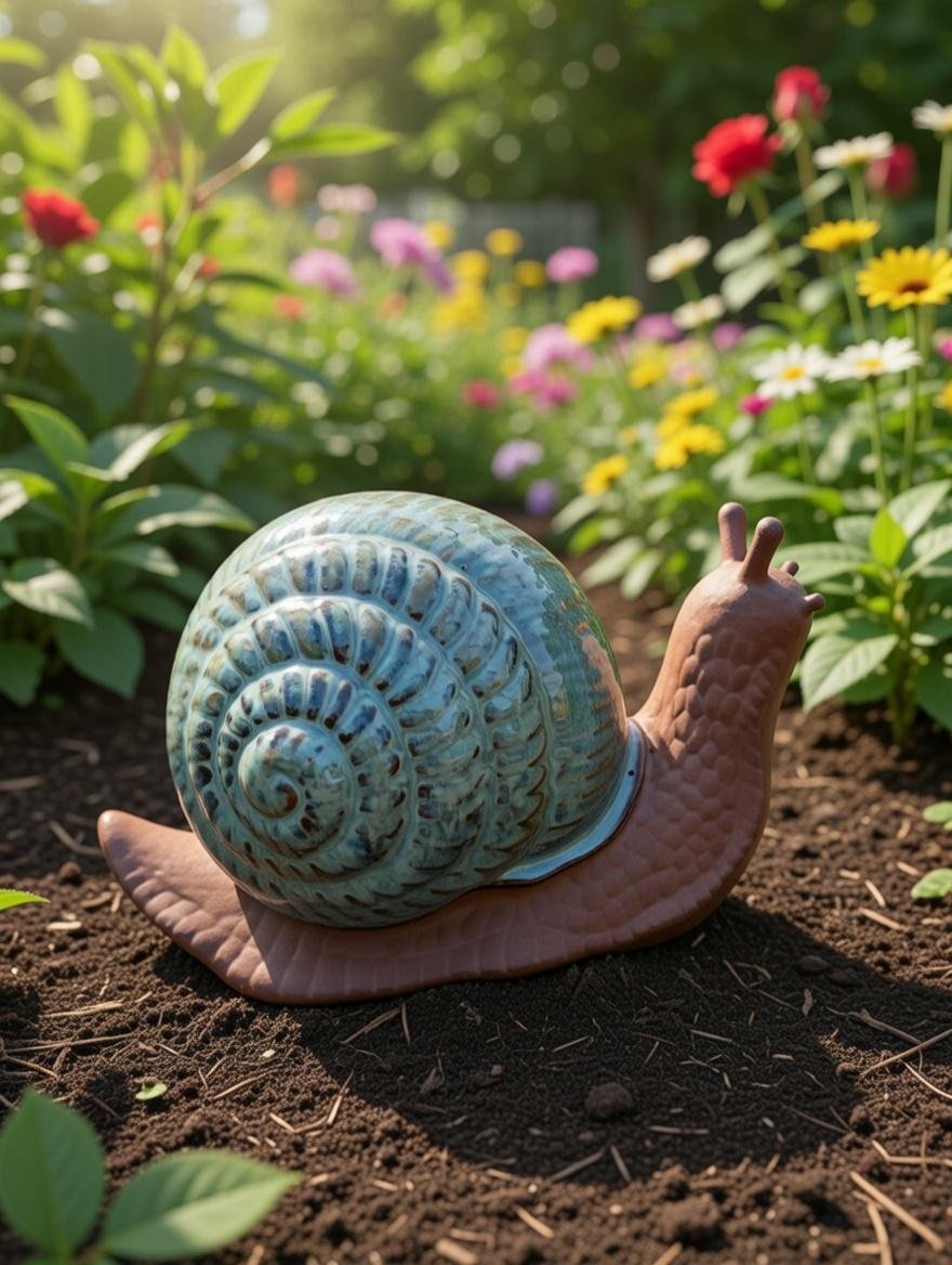 Ceramic Garden Snail Ornament | Blue-Green Glazed Outdoor Sculpture