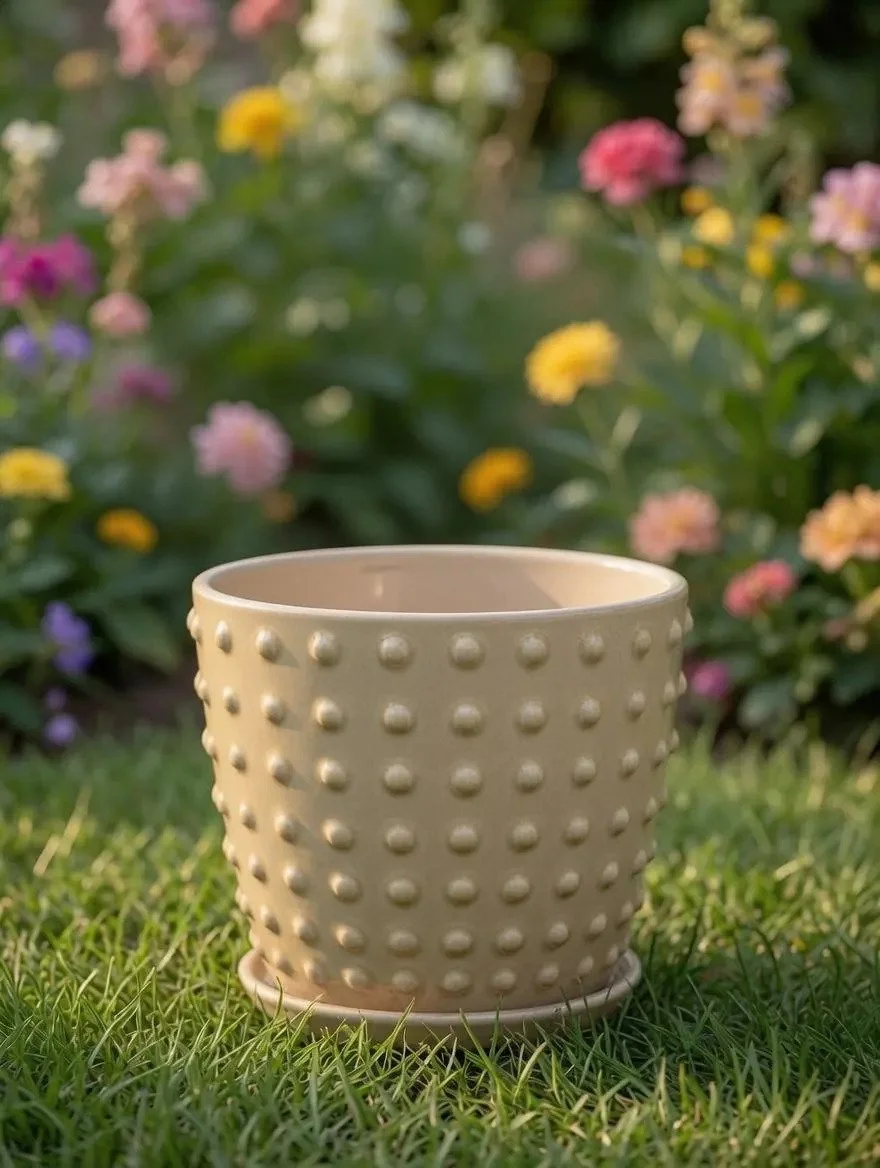 Yellow Glazed Ceramic Plant Pot with Attached Saucer - 19cm or 27.5cm