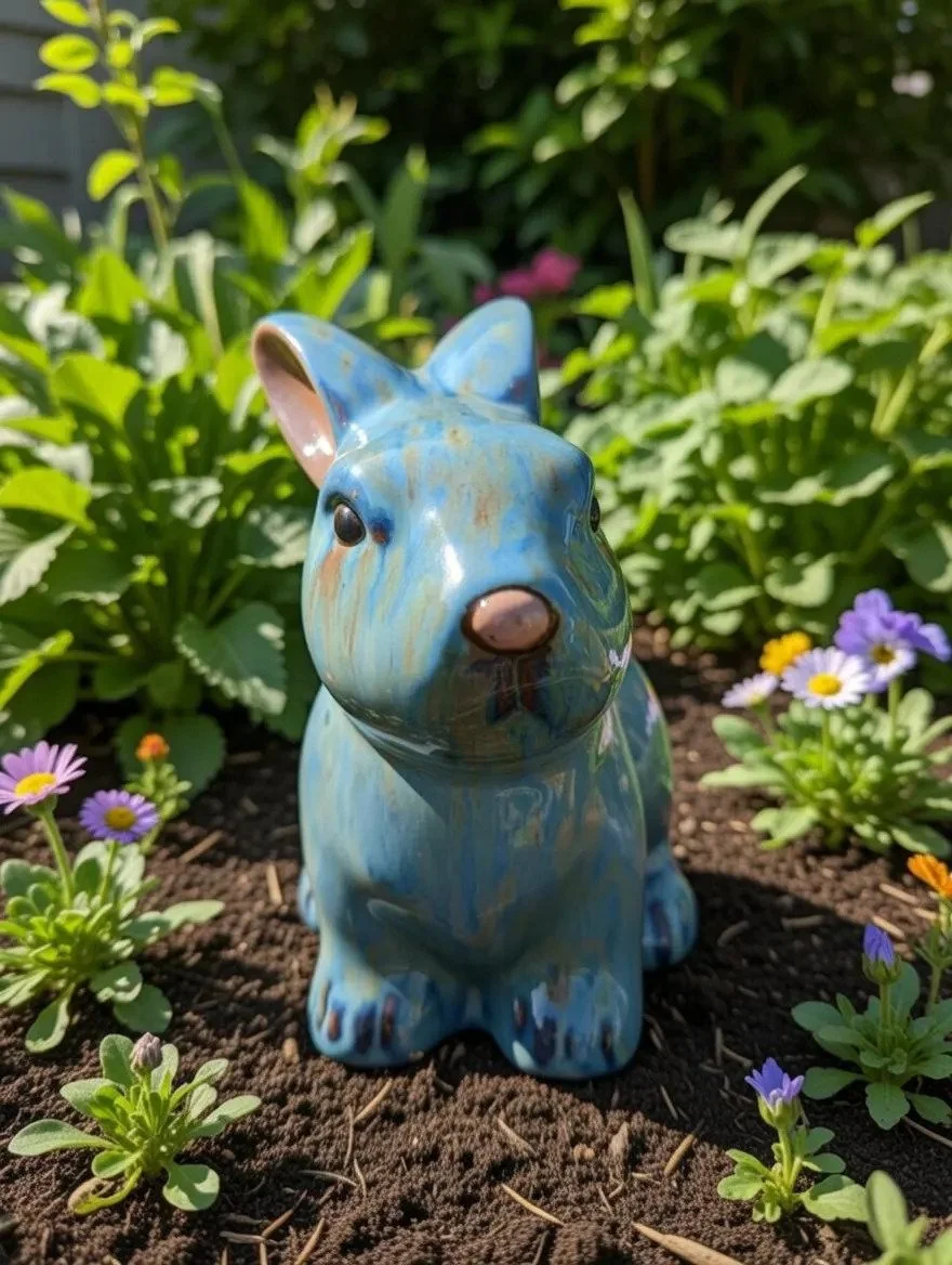 Ceramic Rabbit Garden Ornament | White & Blue Bunny Decor