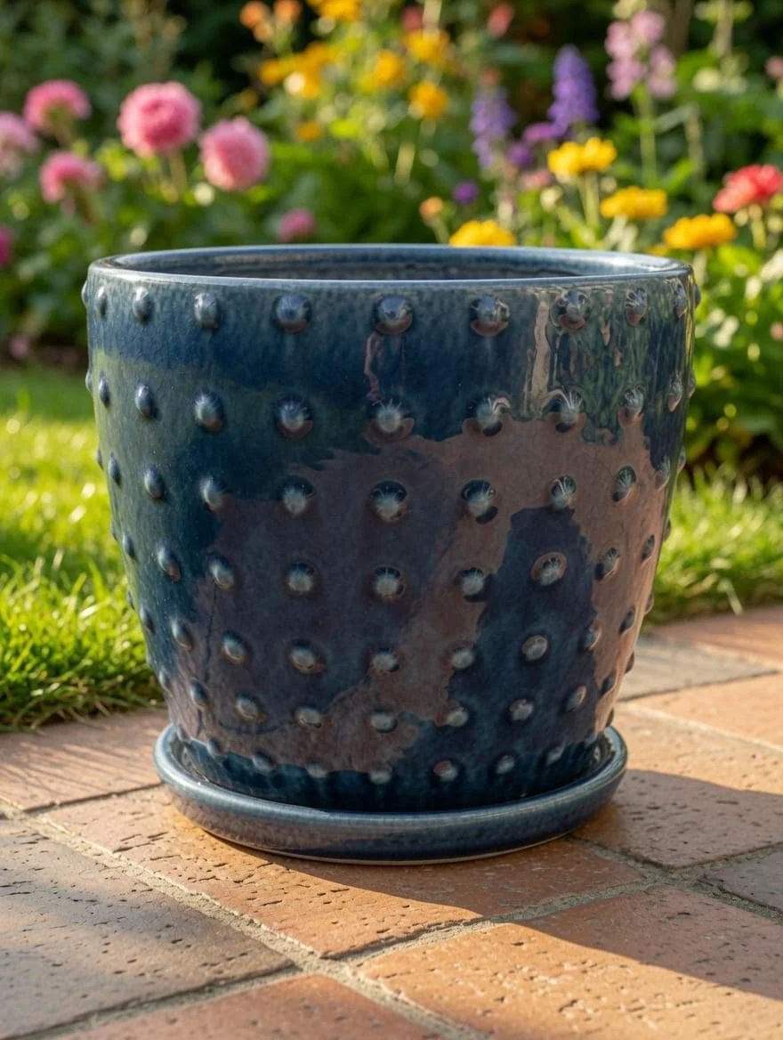 Blue Glazed Ceramic Plant Pot with Attached Saucer - 19cm or 27.5cm