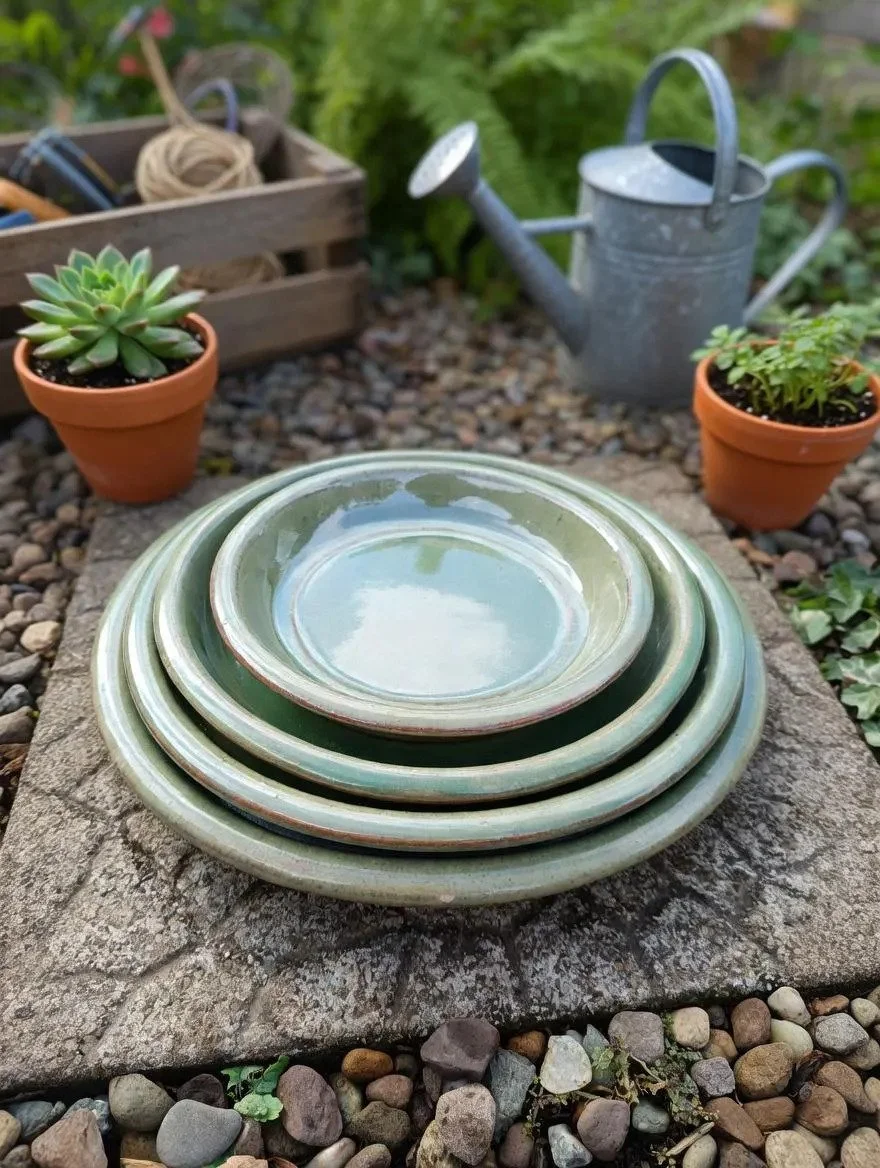 Set of 4 Green Glazed Plant Pot Saucers | Ceramic Drip Tray Set