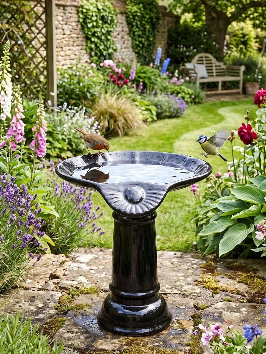 Black Outdoor Bird Bath | Frost-Resistant Garden Water Feature