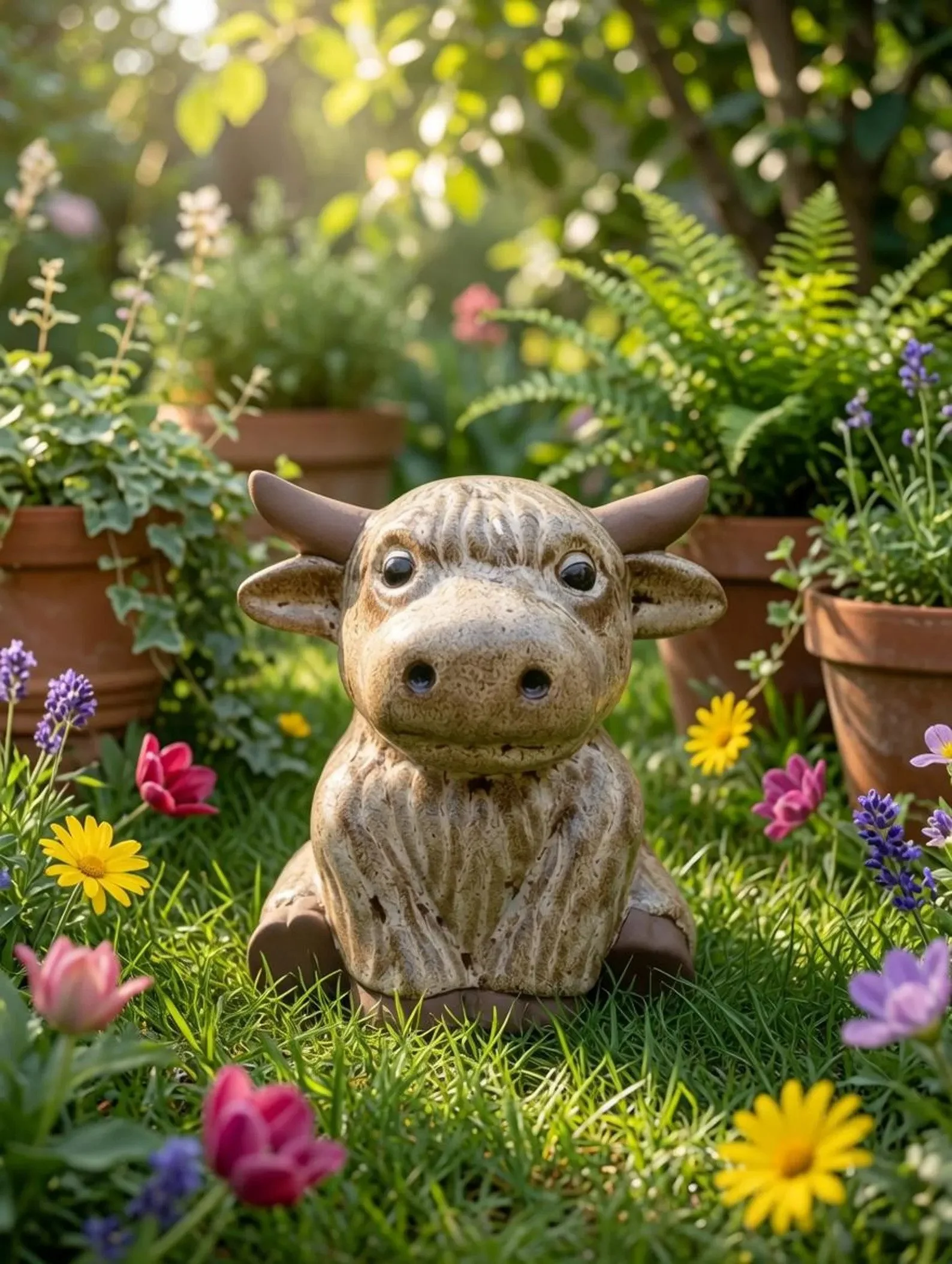 Ceramic Highland Cow Garden Ornament | Rustic Farm Animal Outdoor Decor