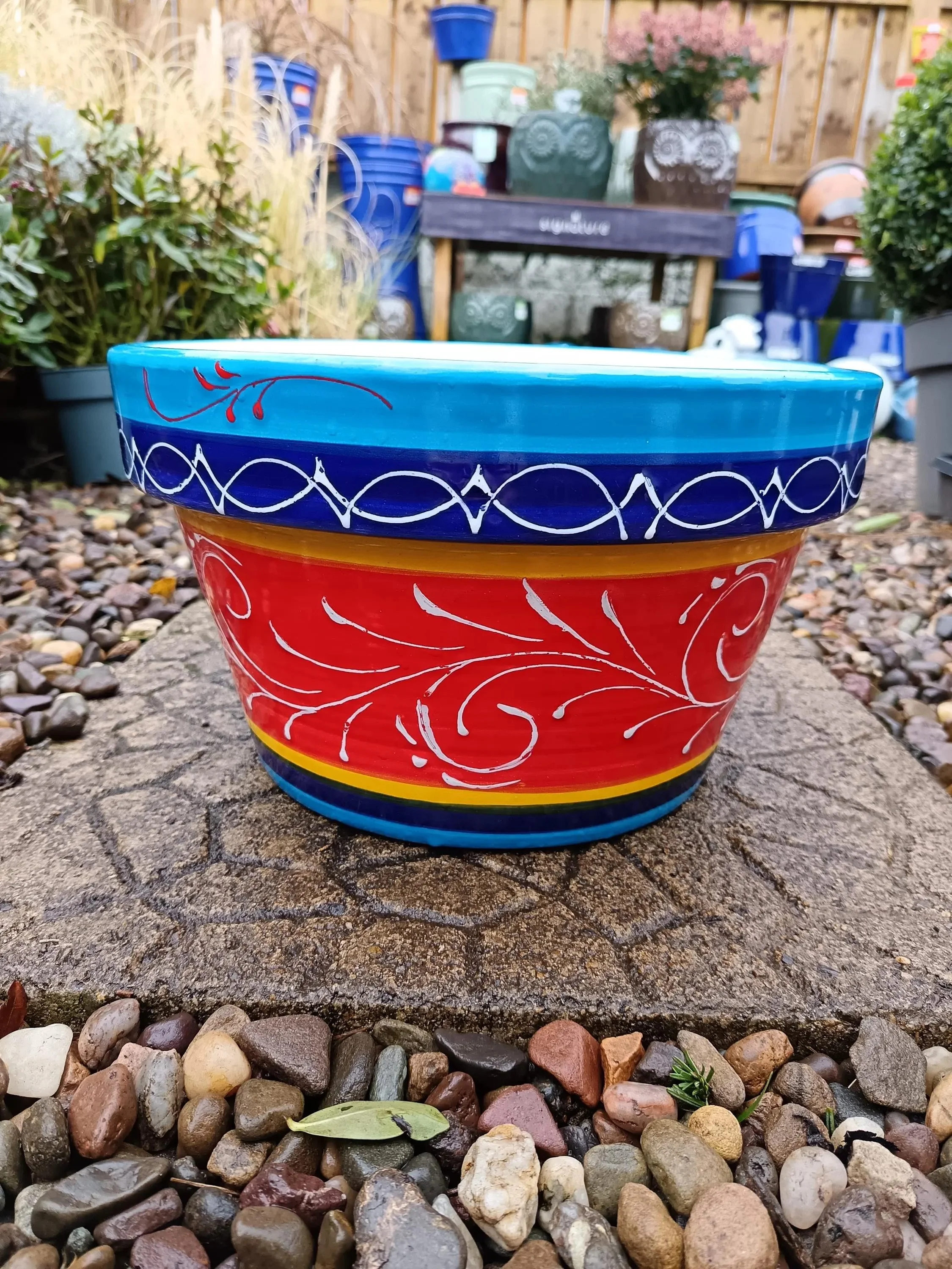 Red Lines | Spanish Glazed Half Pot | Handmade Ceramic Planter for Indoor & Outdoor Use
